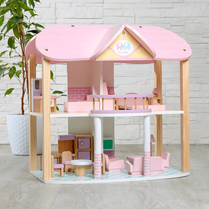 Pink wooden dollhouse for kids pretend play
