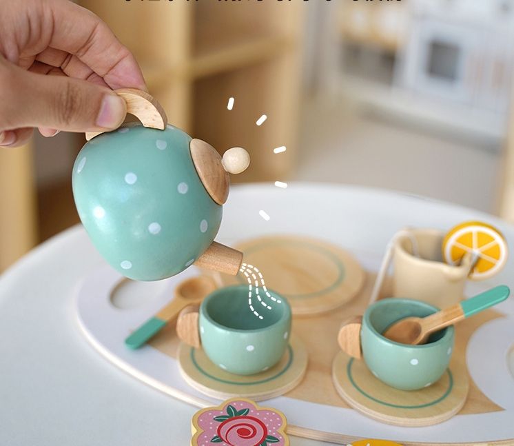 Wooden Tea Set - with Wheels for kids and family play, image 4