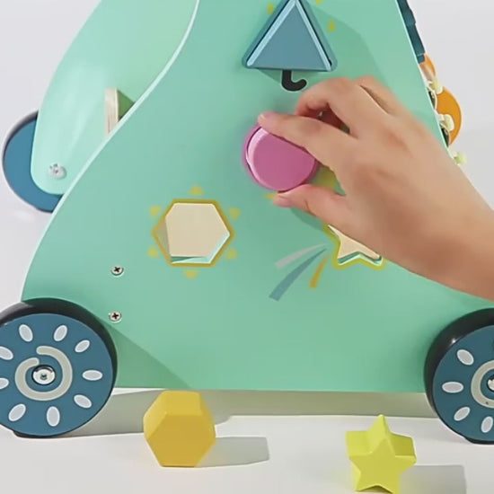 Front view of wooden baby walker with interactive activity panel