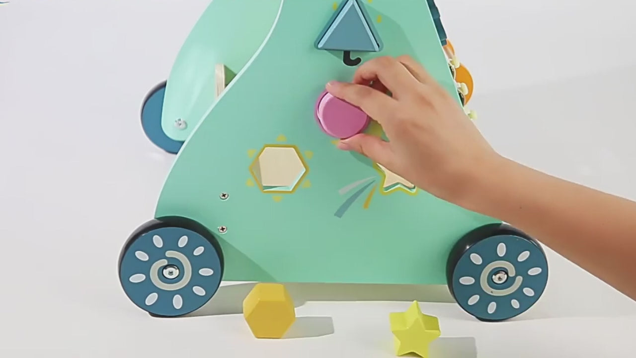 Front view of wooden baby walker with interactive activity panel