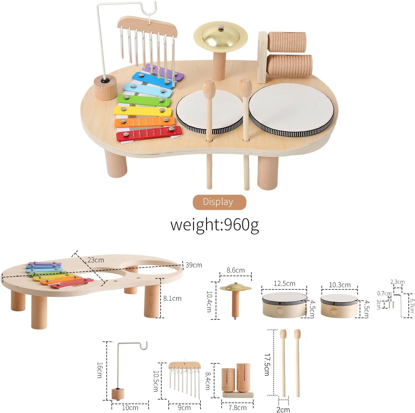 Removable drum included with Montessori wooden music toy