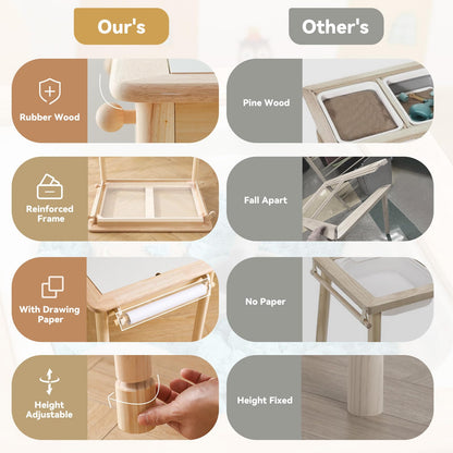 Natural rubberwood sensory table with smooth child-friendly surface
