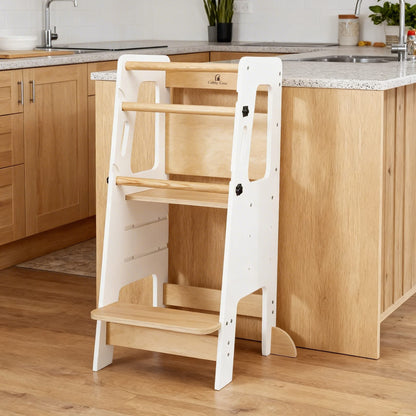 Safe wooden learning tower for kids with sturdy structure and modern design