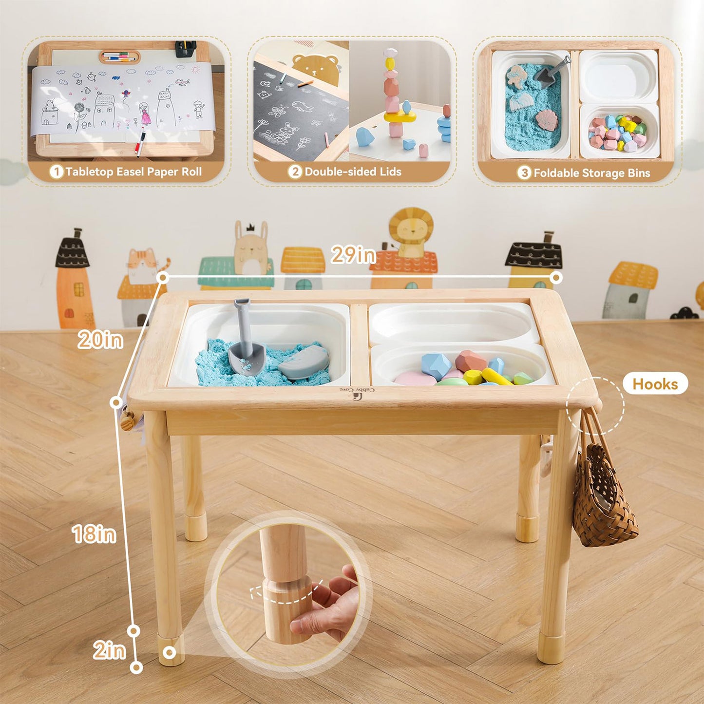 Sensory bin table for kids with organized play materials
