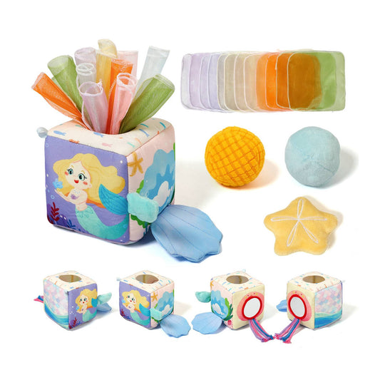 Sensory tissue box toy for babies with colorful fabric tissues