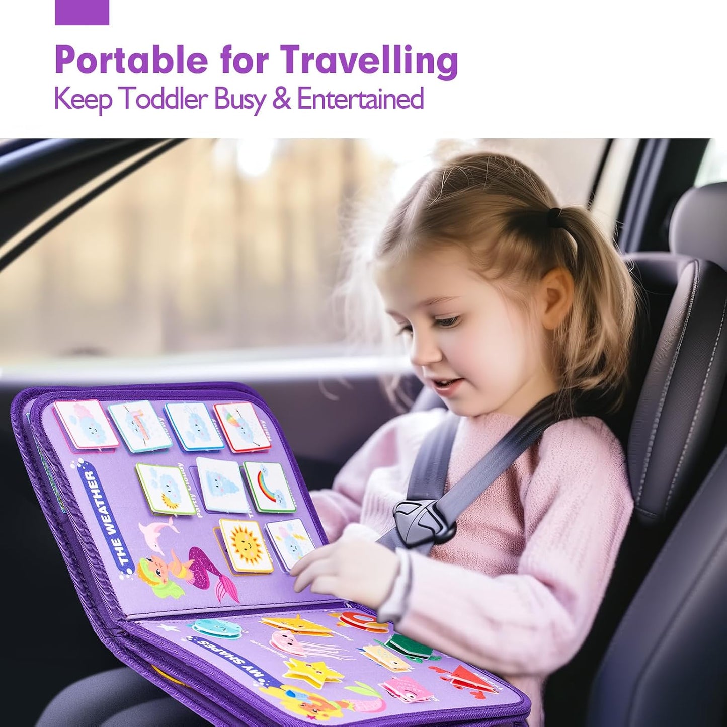 Toddler busy book with buttons zippers and hands-on learning activities