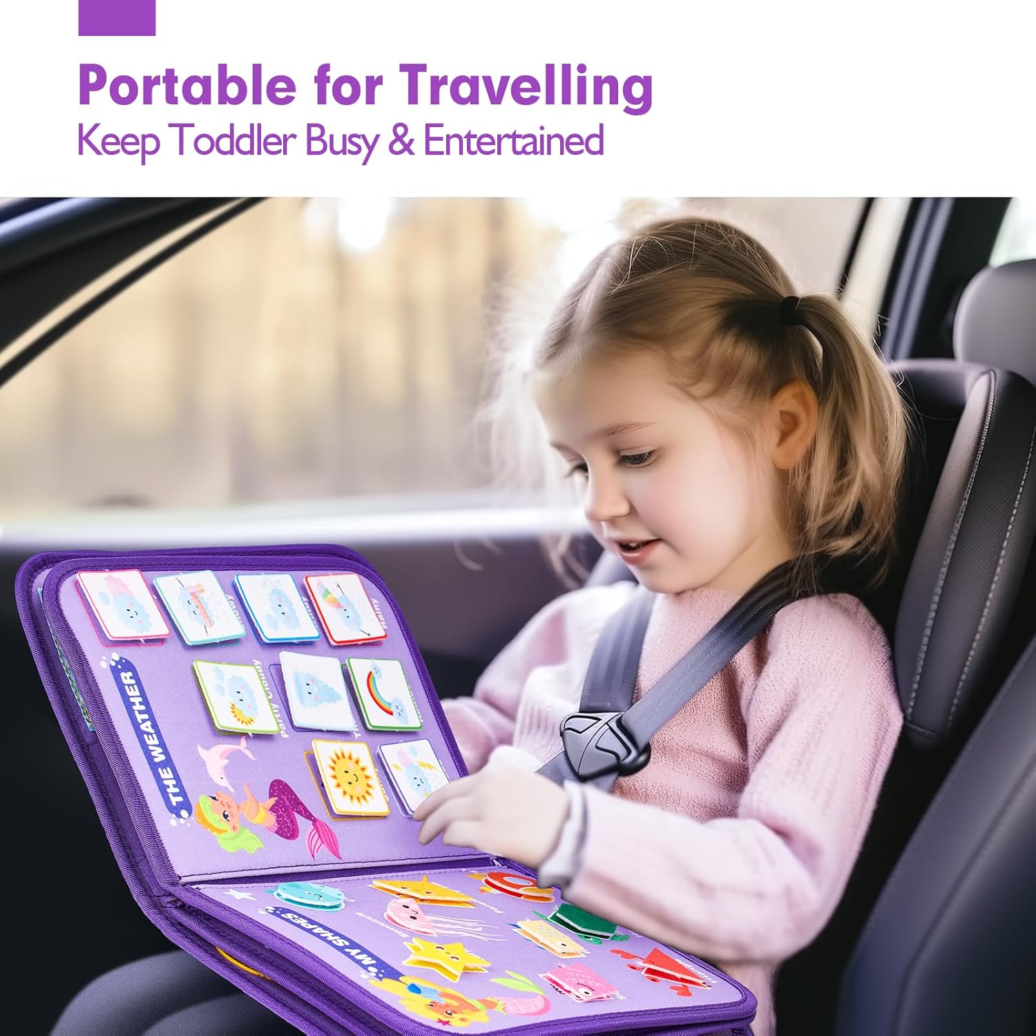 Toddler busy book with buttons zippers and hands-on learning activities
