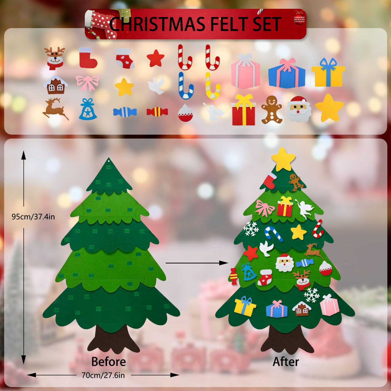 Toddler decorating felt Christmas tree with ornaments
