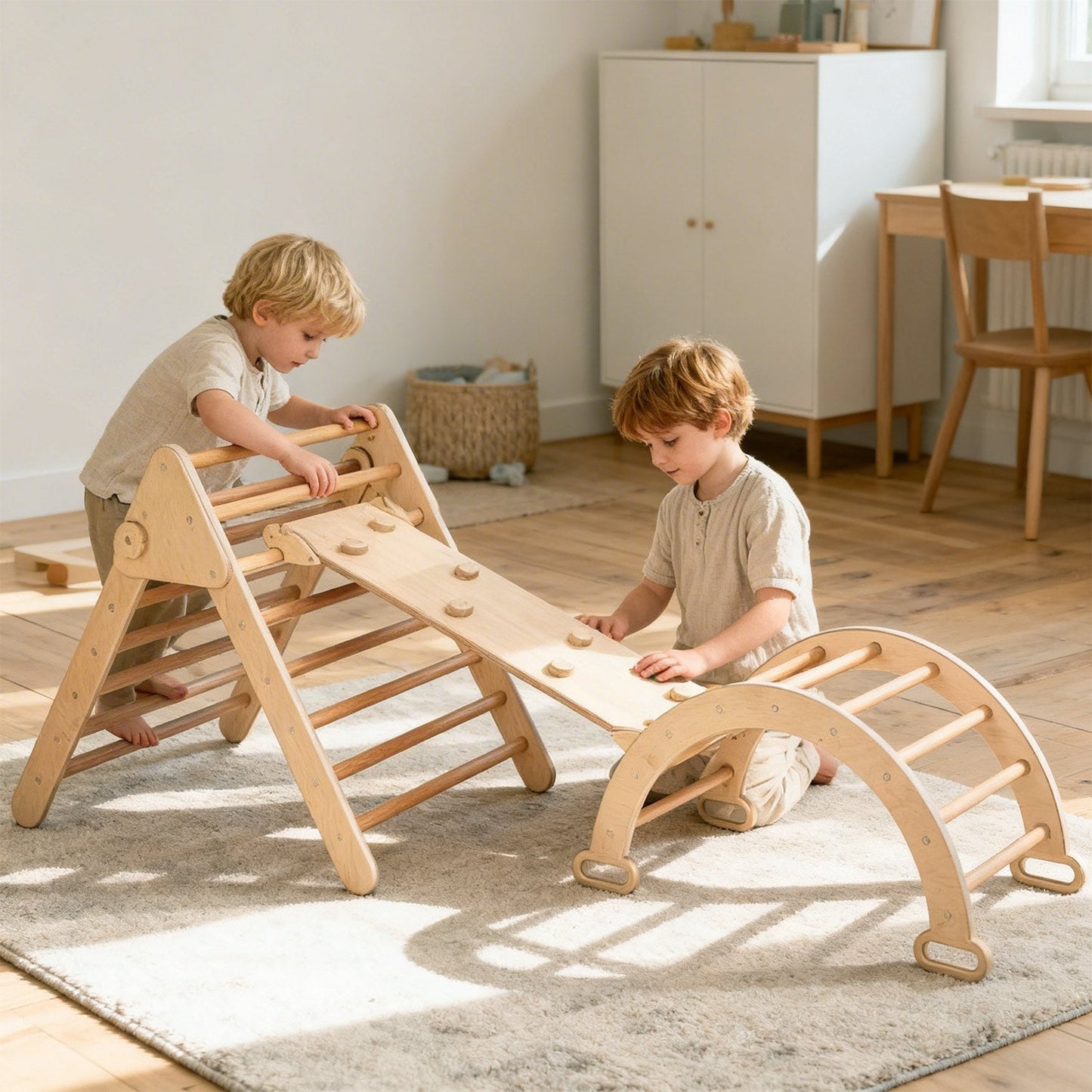 Beautiful wooden toddler climbing toy for living room play area
