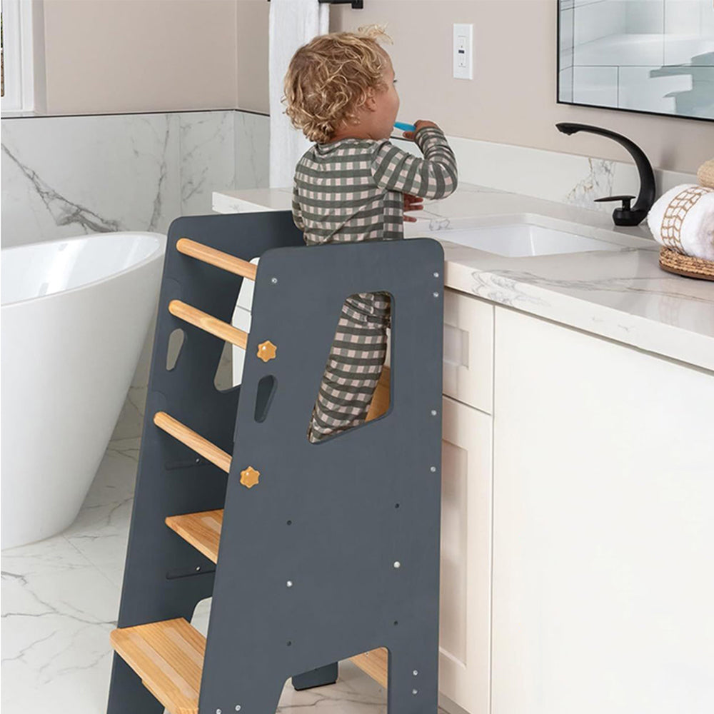Toddler counter height helper stool for reaching kitchen and bathroom surfaces