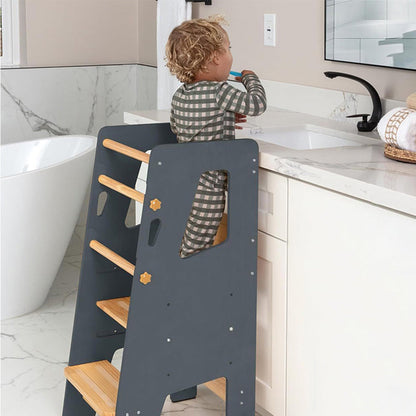 Toddler counter height helper stool for reaching kitchen and bathroom surfaces