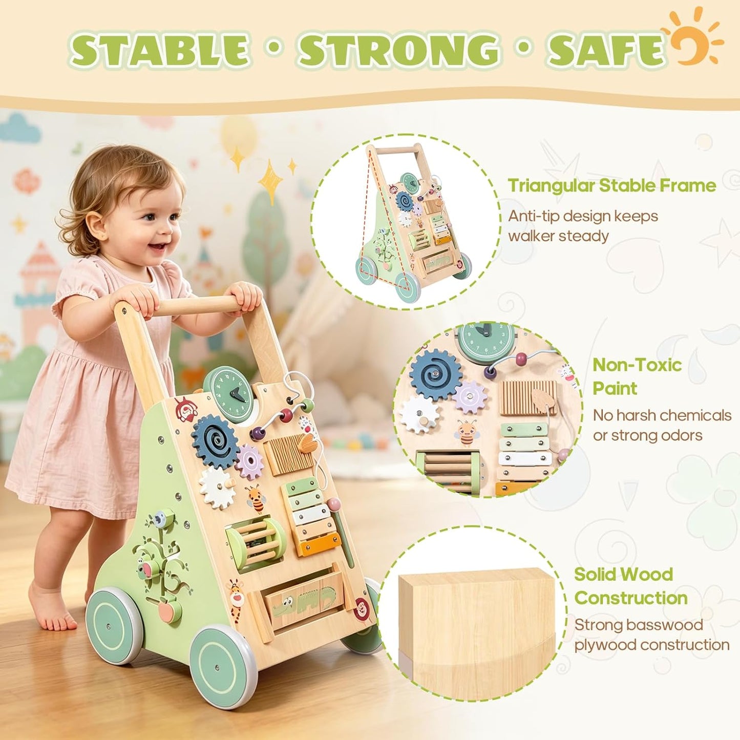 Stable toddler walker supporting first steps
