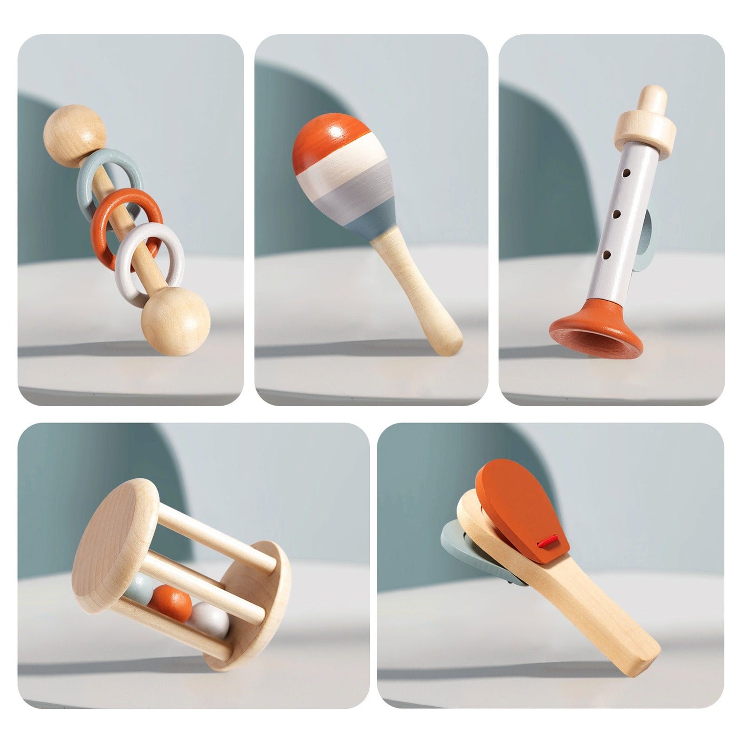 Toddler playing wooden castanets to explore rhythm and movement