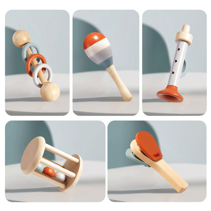 Toddler playing wooden castanets to explore rhythm and movement