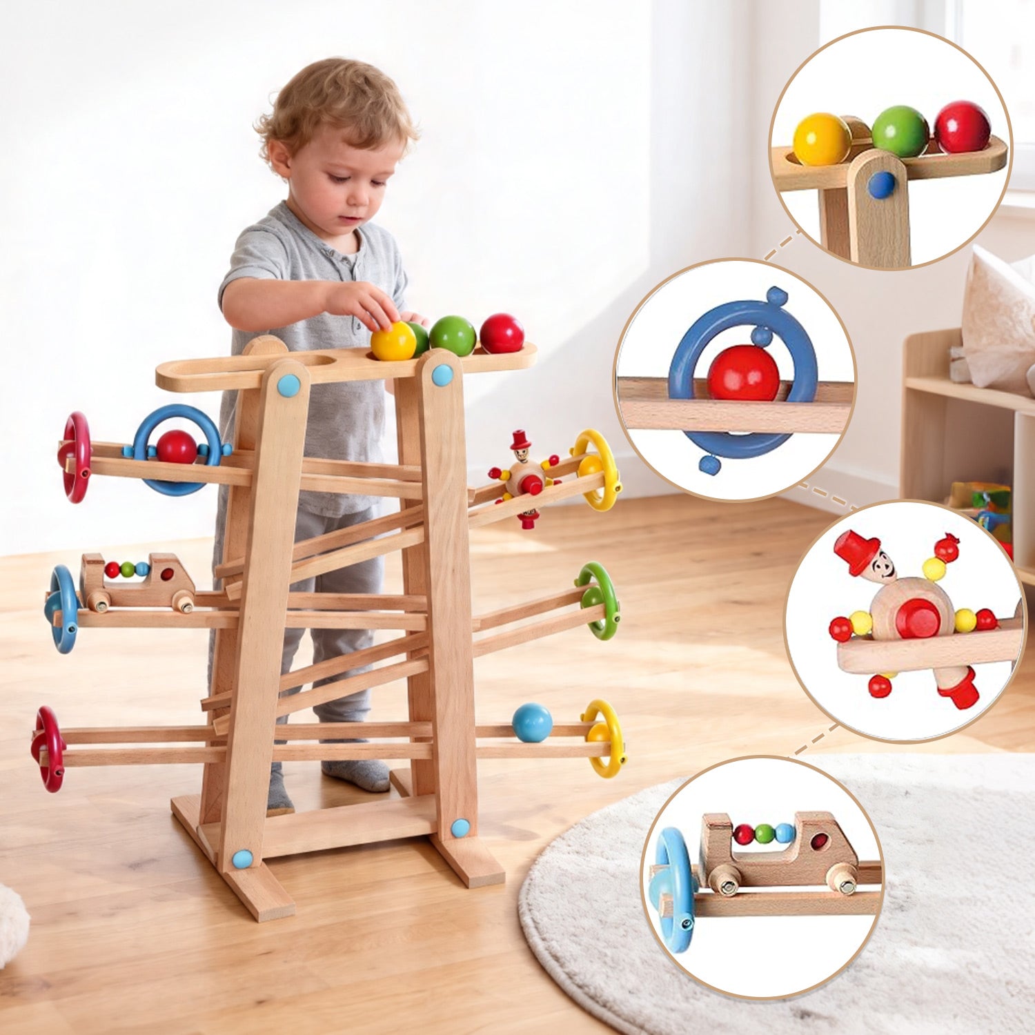 Toddler playing with Montessori wooden marble run toy at home
