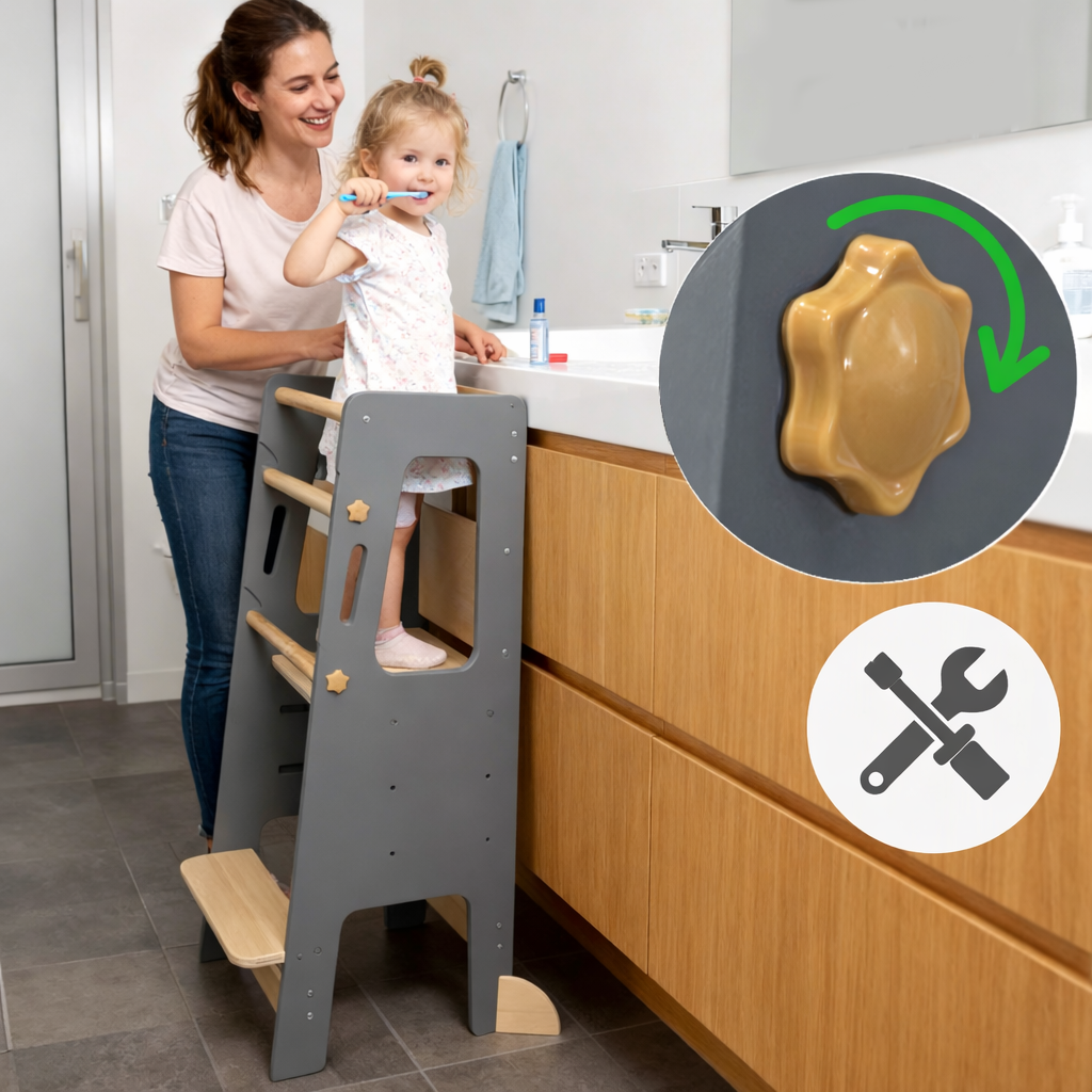 Toddler step stool with safety rails for secure kitchen and bathroom use