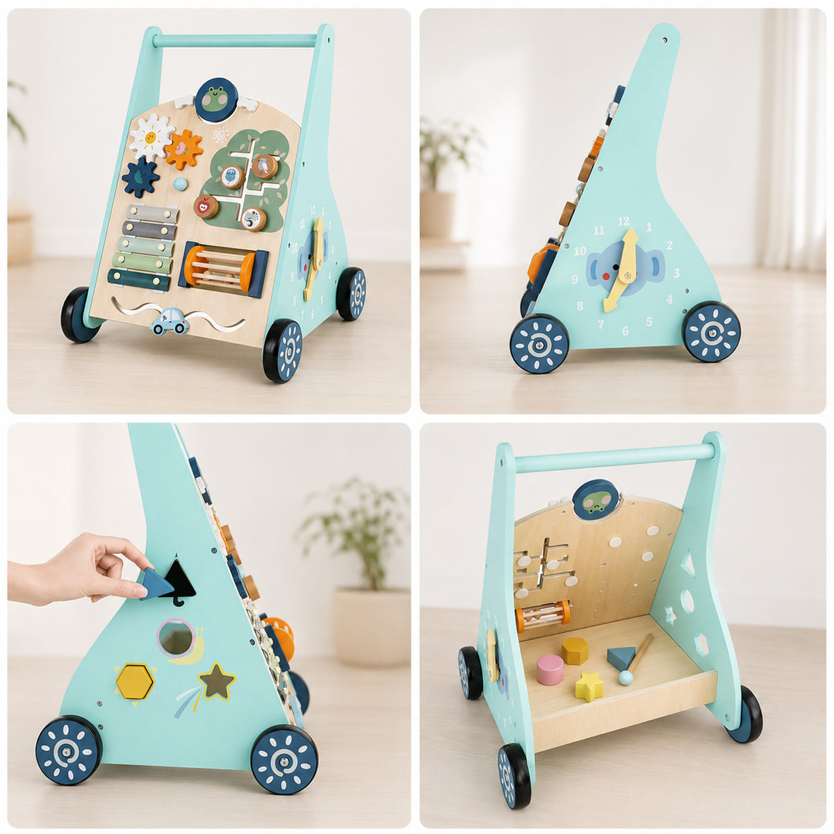 Wooden toddler walking toy with an easy-to-grip push handle