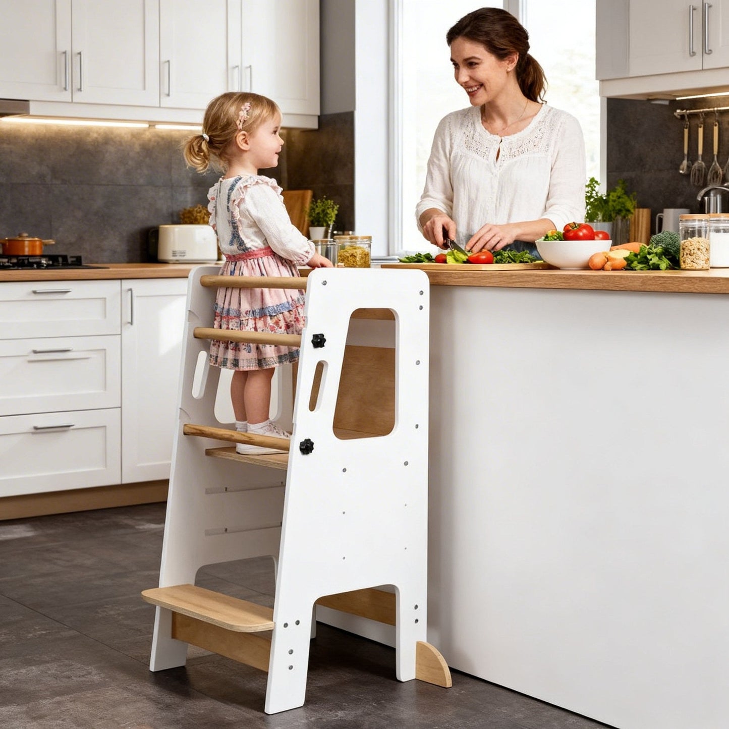White kitchen helper tower for kids to safely join cooking and kitchen tasks
