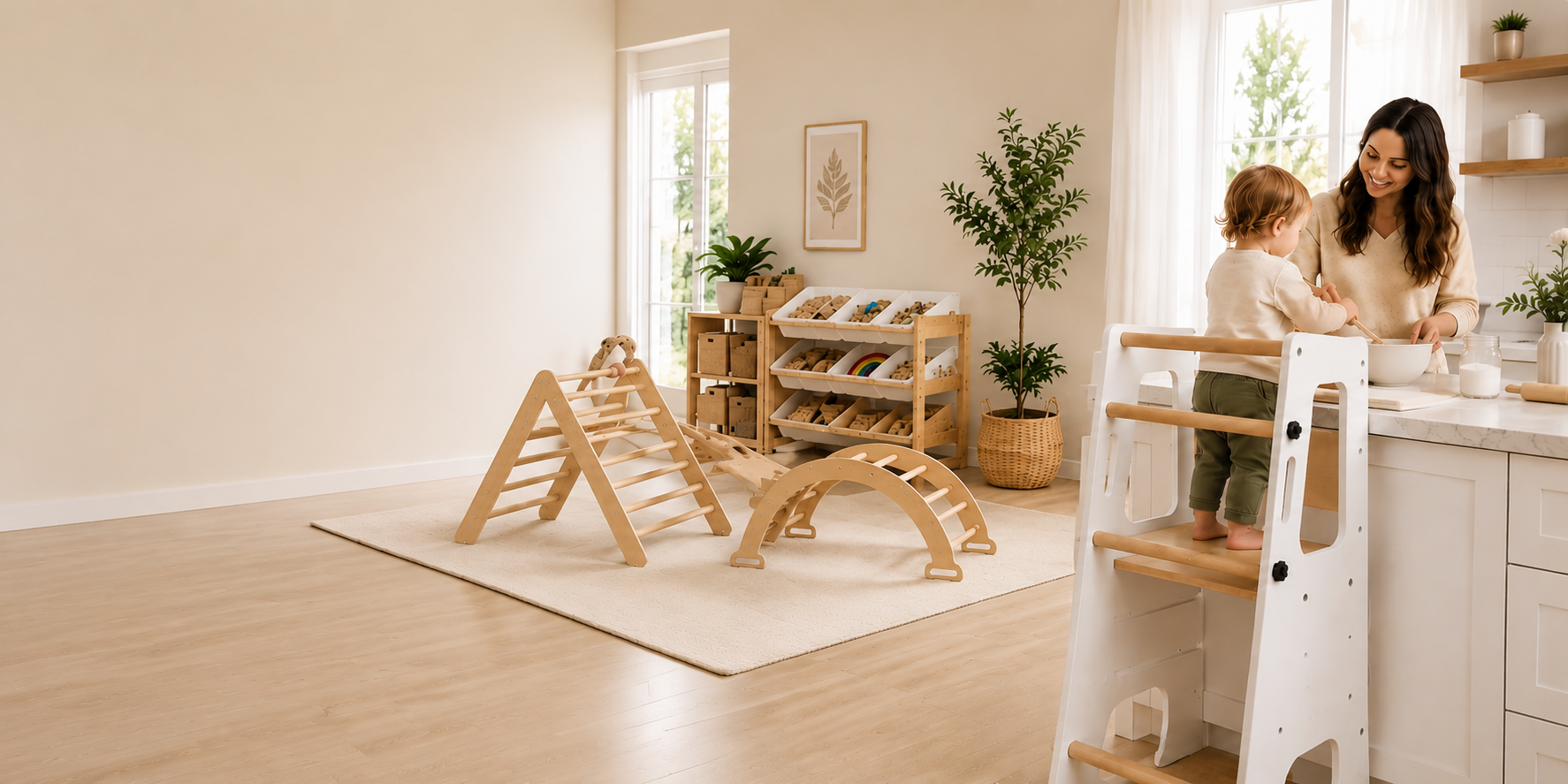 White Montessori learning tower helping toddlers participate independently in kitchen activities