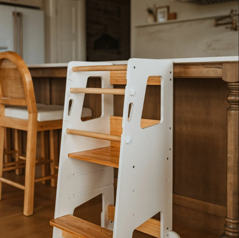 White wood toddler helper stool for cooking handwashing and brushing teeth
