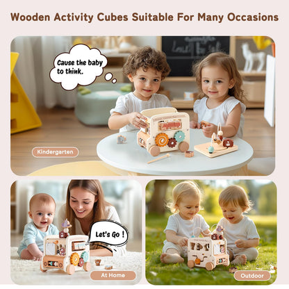 8-in-1 wooden activity cube with multiple learning activities
