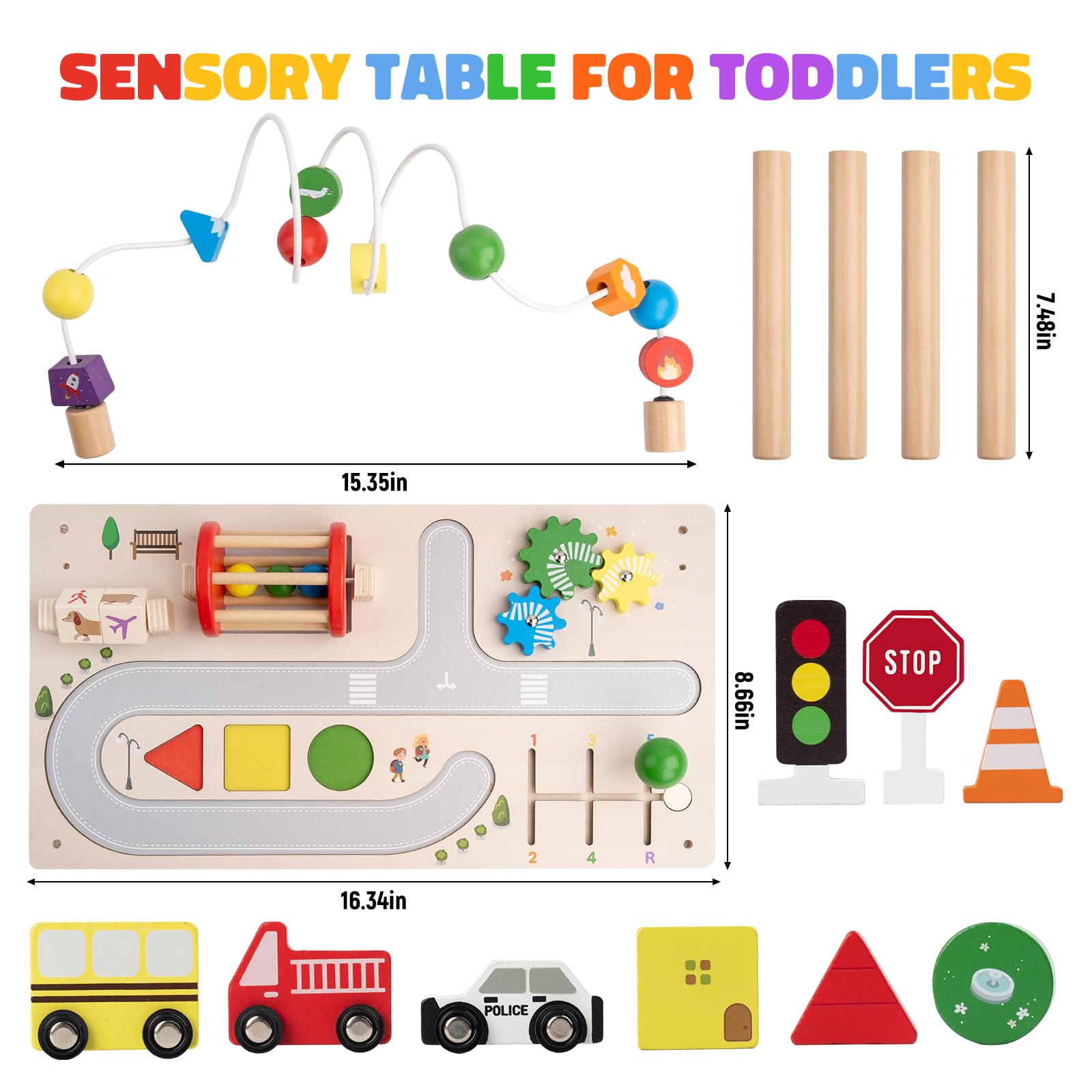 Wooden activity table with ball run and bead maze
