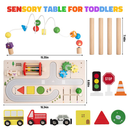 Wooden activity table with ball run and bead maze
