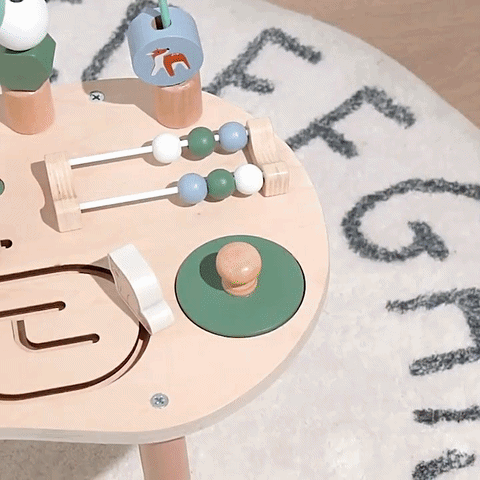 Wooden activity table helping toddlers practice fine motor skills