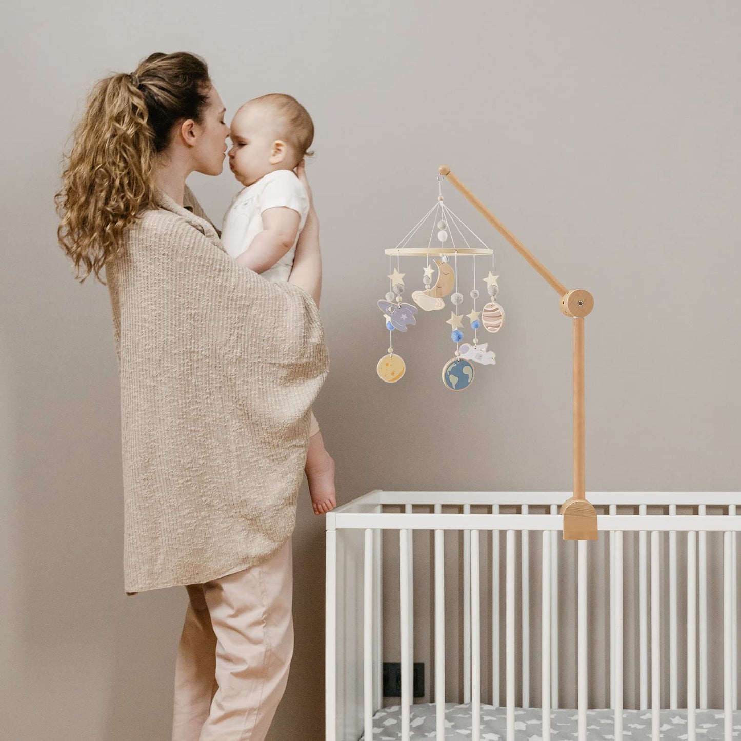 Natural wooden baby mobile arm for modern nursery
