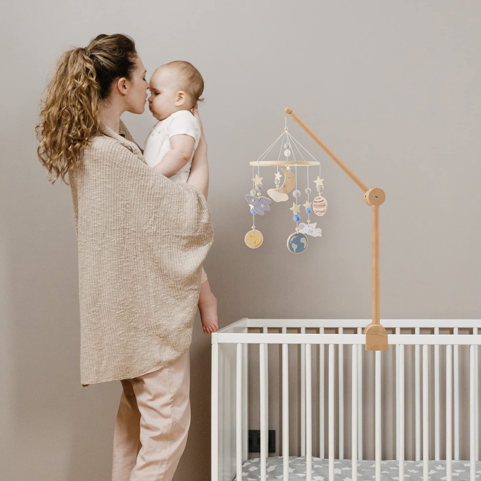 Natural wooden baby mobile arm for modern nursery
