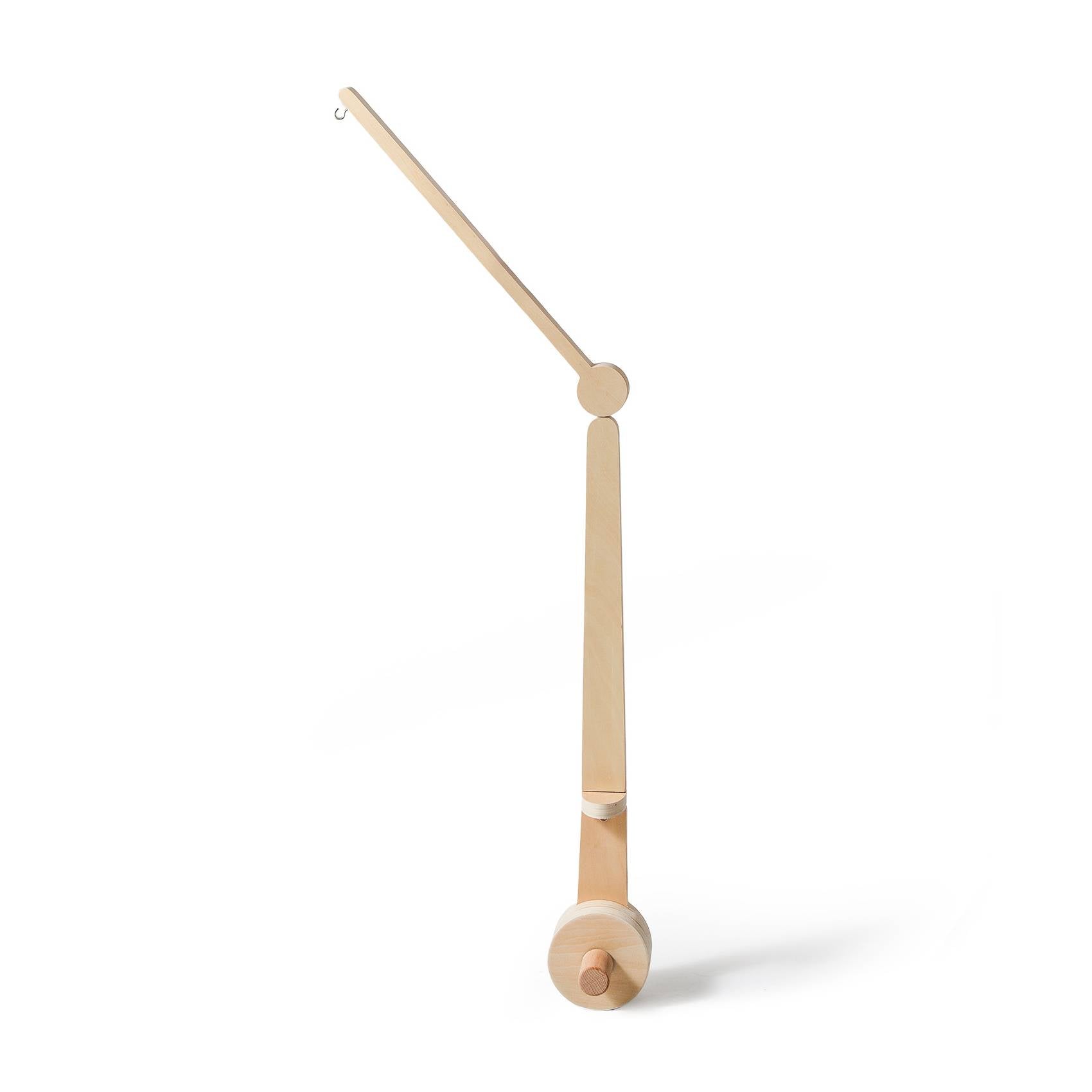Wooden baby mobile holder attached to crib rail