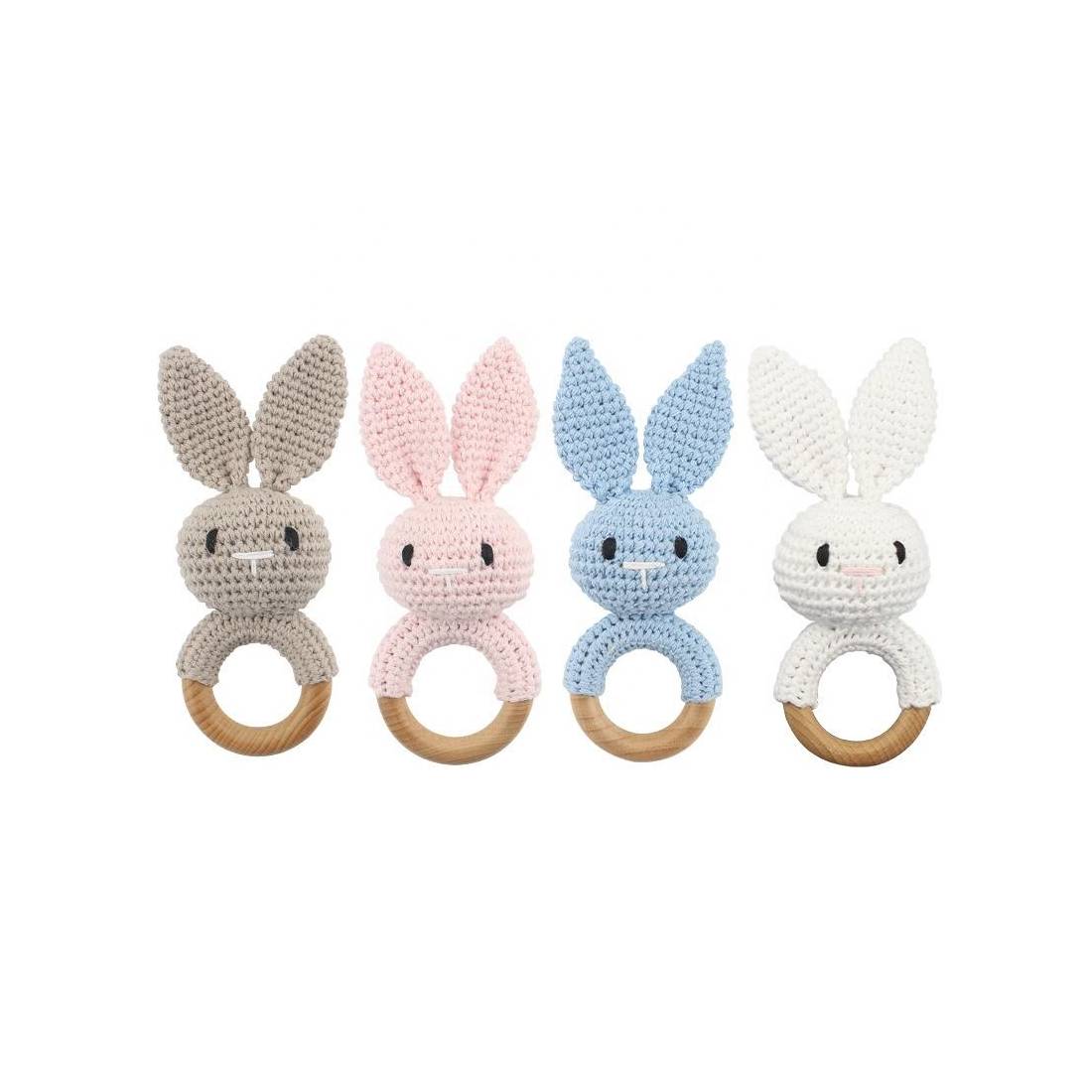 Wooden baby teether rattle with crochet bunny ears