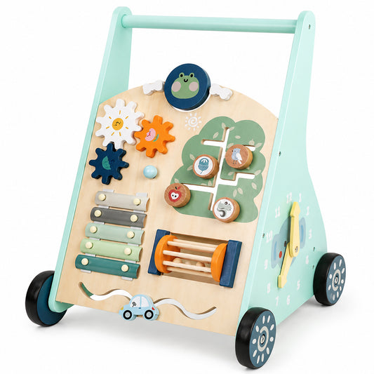 Wooden baby walker with Montessori-inspired activity center for toddlers