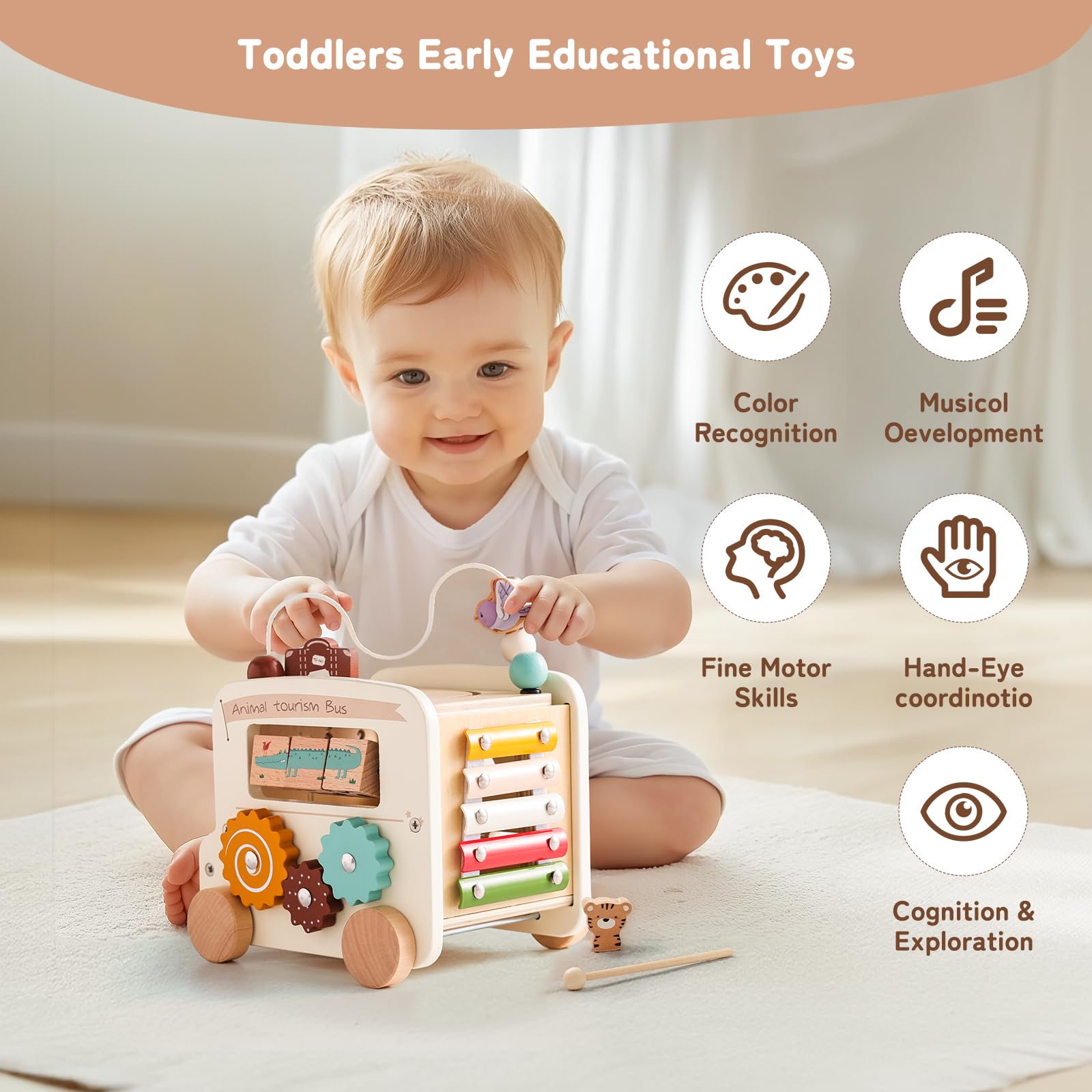 Wooden busy board bus with interactive activities
