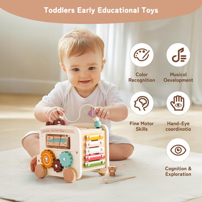 Wooden busy board bus with interactive activities

