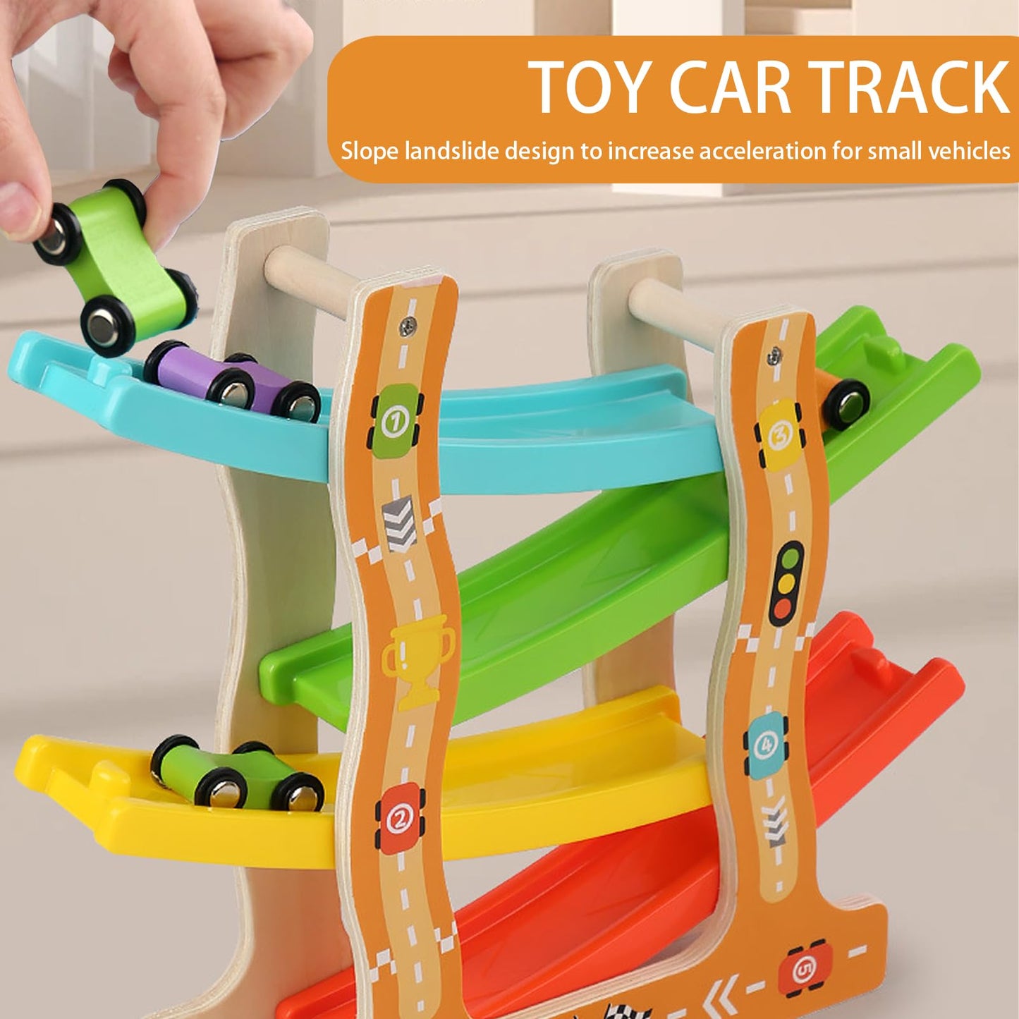 Wooden car ramp learning toy designed for toddlers ages 3 and up