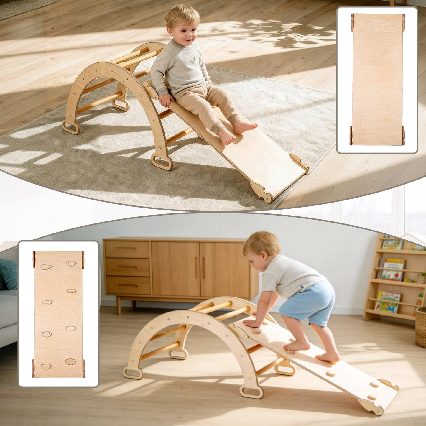 Wooden climbing arch designed for toddler balance and movement development

