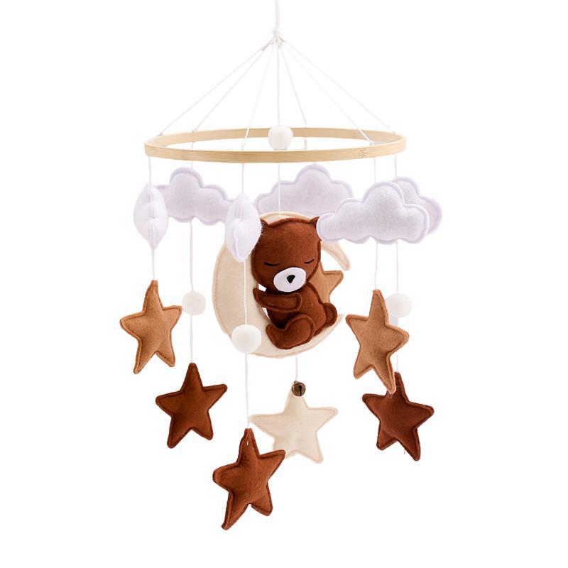 Wooden crib mobile with soft hanging figures for baby room decoration