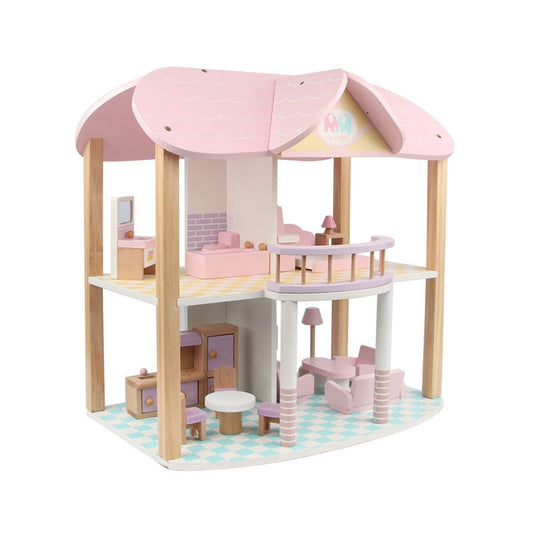 Wooden dollhouse with furniture in pink and blue designs for kids