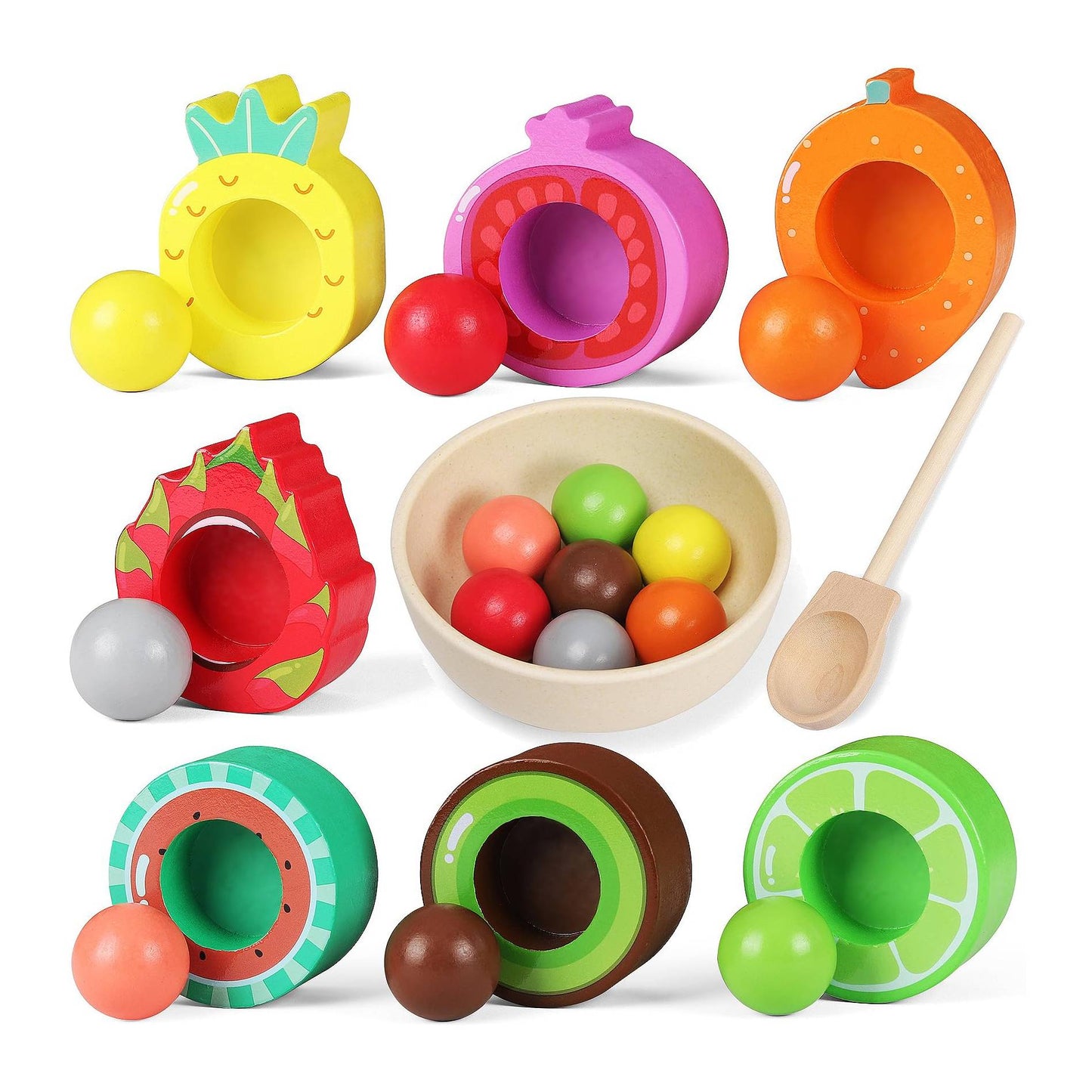 Wooden fruit sorting game Montessori toy with colorful cups and balls