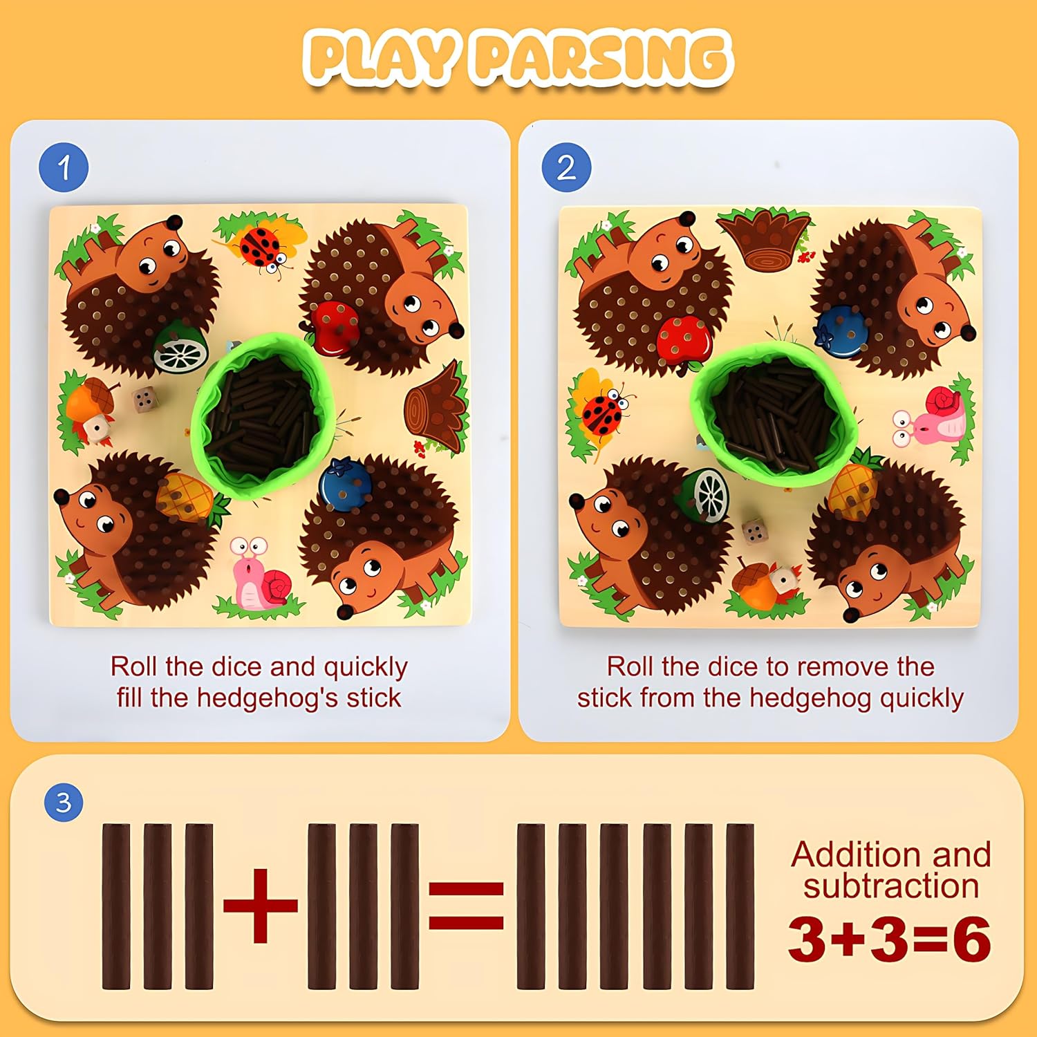 Close up view of wooden hedgehog learning game
