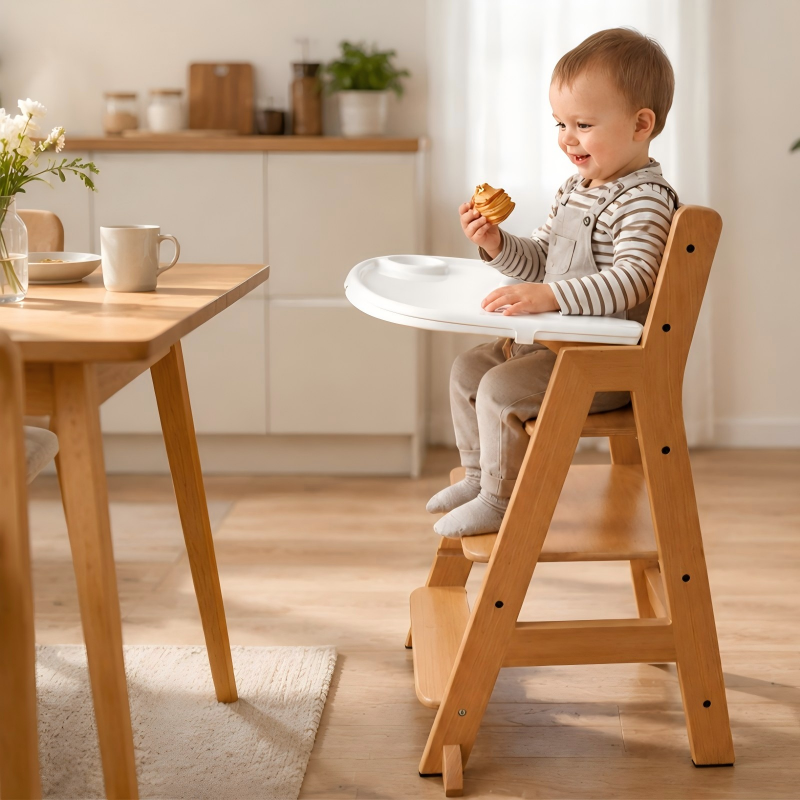 Wooden high chair for baby feeding with comfortable seat and safety harness