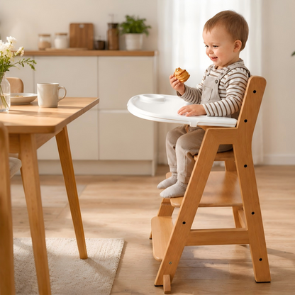Wooden high chair for baby feeding with comfortable seat and safety harness