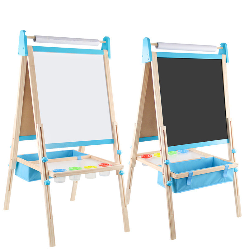 Wooden kids easel with magnetic whiteboard and chalkboard front view