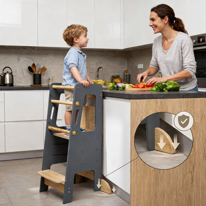 Wooden learning tower designed for toddlers to participate in daily activities