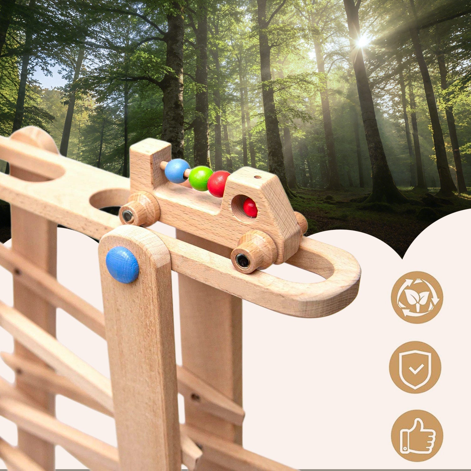 Wooden marble run with rounded edges designed for small hands