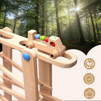 Wooden marble run with rounded edges designed for small hands
