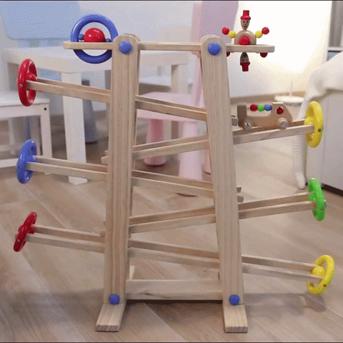 Wooden marble run with 7 colorful rolling pieces for toddlers