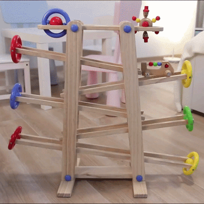 Wooden marble run with 7 colorful rolling pieces for toddlers
