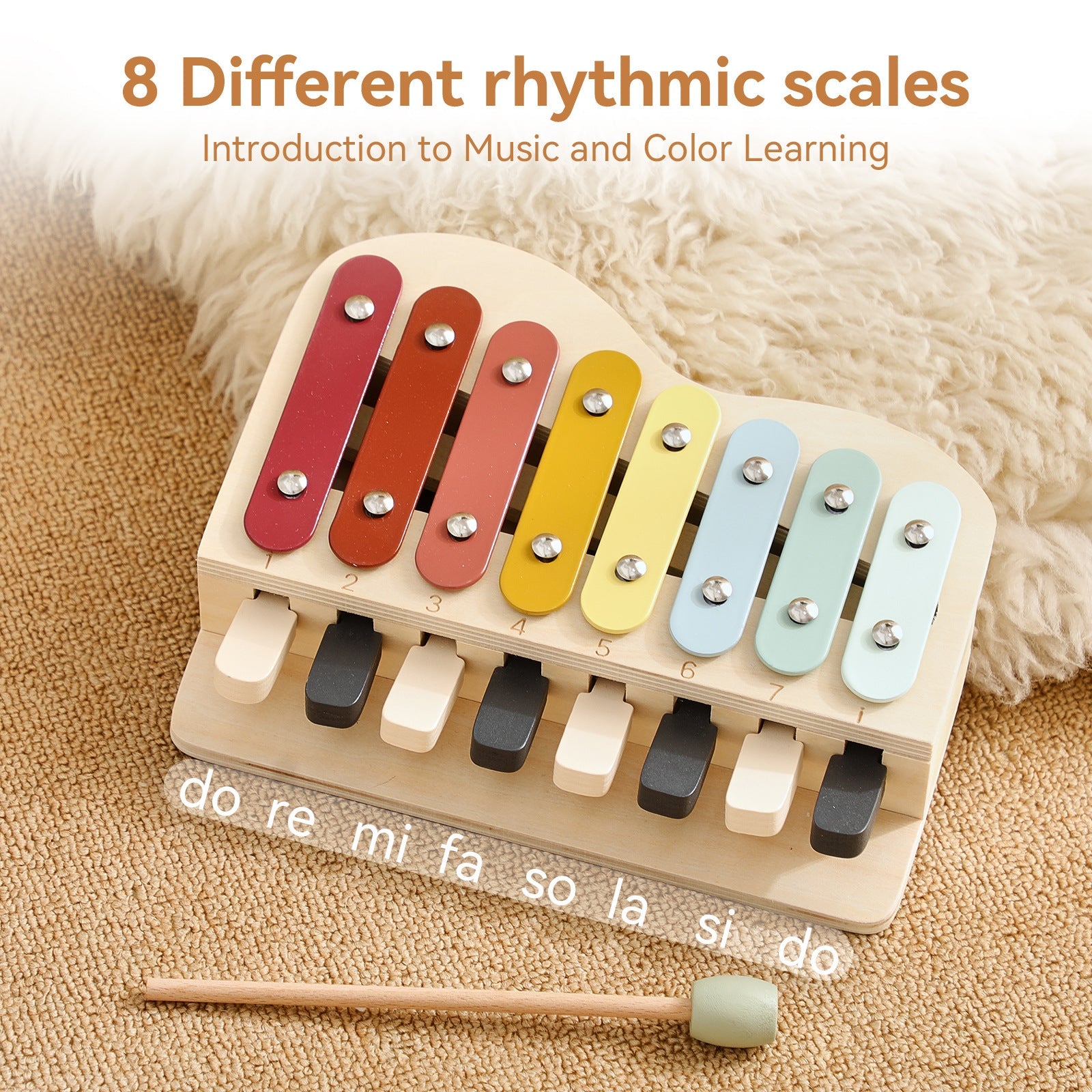 Wooden music toy with mallet for creative play